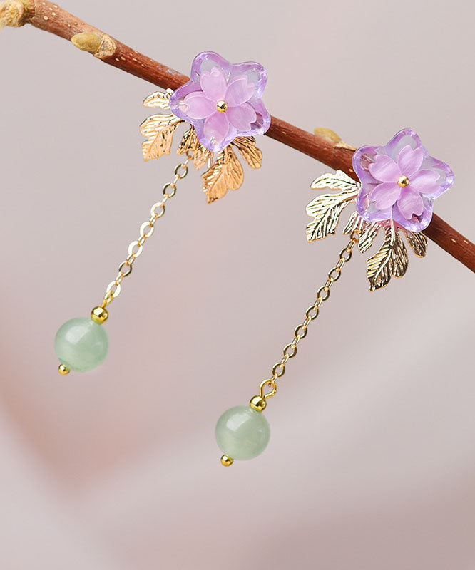 Pink Sun Flower Crystal Fine Jade 14k Gold Tassel Drop Earrings