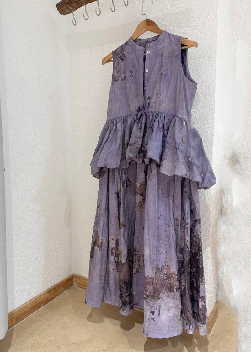 Purple O-neck Ruffled Patchwork Wrinkled Maxi Dresses Summer Uu1057