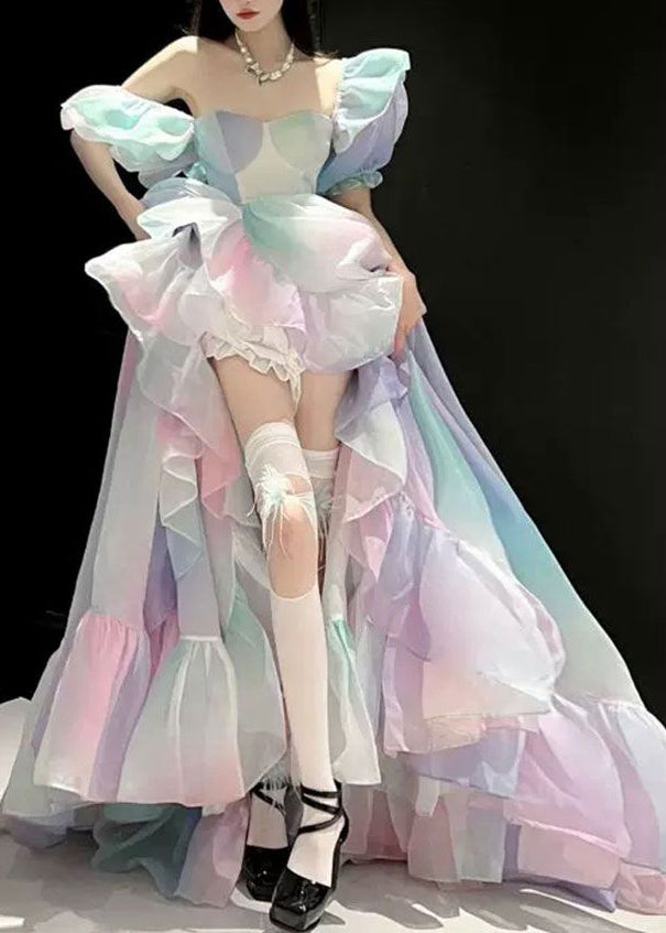 Rainbow Bustier Top Asymmetrical Patchwork Tulle Long Dress Puff Sleeve Rp017