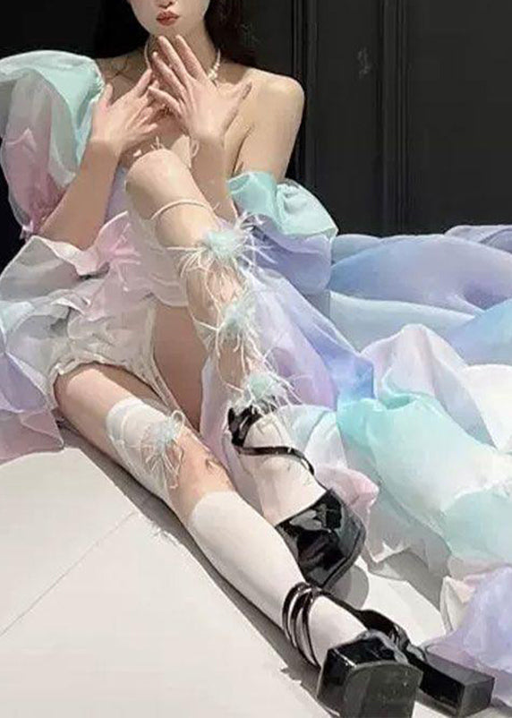Rainbow Bustier Top Asymmetrical Patchwork Tulle Long Dress Puff Sleeve Rp017