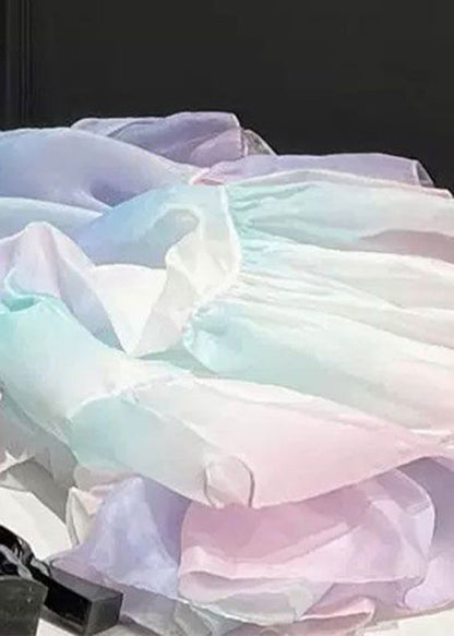 Rainbow Bustier Top Asymmetrical Patchwork Tulle Long Dress Puff Sleeve Rp017