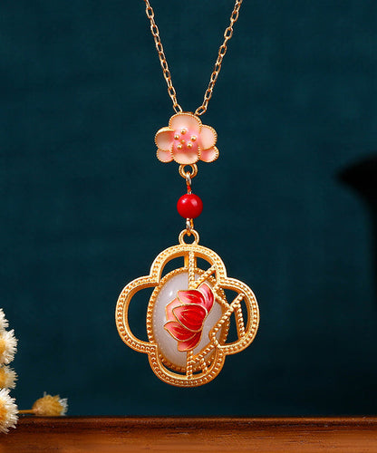 Red Ancient Gold Inlaid Jade Lotus Flower Agate Pendant Necklace