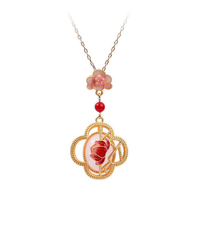 Red Ancient Gold Inlaid Jade Lotus Flower Agate Pendant Necklace Kx1074