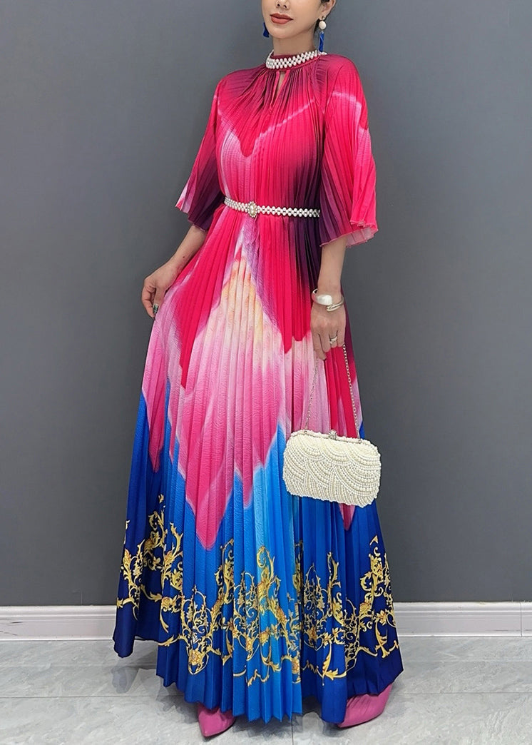 Red Blue Patchwork Print Sashes Maxi Dresses Half Sleeve Ao1041