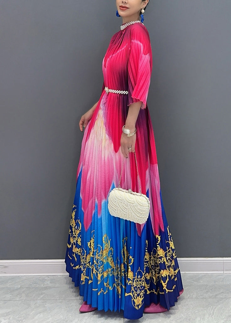 Red Blue Patchwork Print Sashes Maxi Dresses Half Sleeve Ao1041
