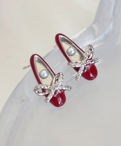 Red Copper Alloy Bow Pearl Ballet Shoes Stud Earrings