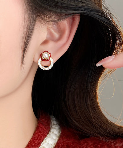 Red Copper Alloy Zircon Camellia Flower Stud Earrings