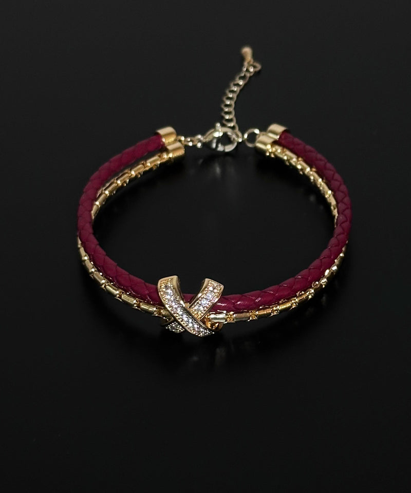 Red Leather Copper Alloy Zircon Bracelet