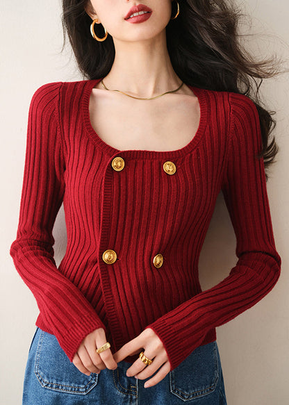Red O Neck Double Breast Knit Cardigan Spring To017