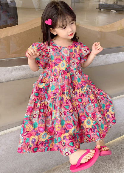 Red O Neck Print Cotton Long Dress Short Sleeve Ew054