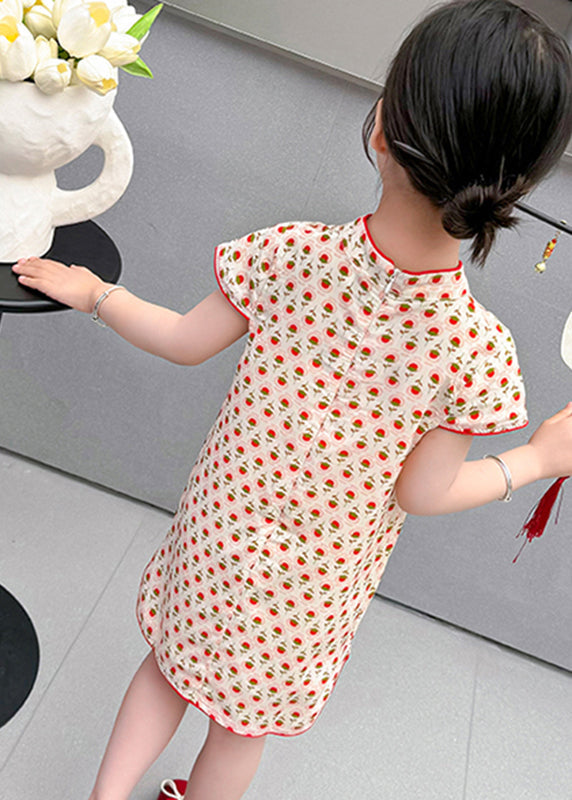 Red Print Side Open Kids Holiday Long Dress Short Sleeve Mn020