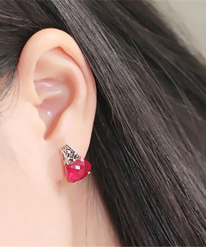 Red Sterling Silver Inlaid Gem Stone Stud Earrings