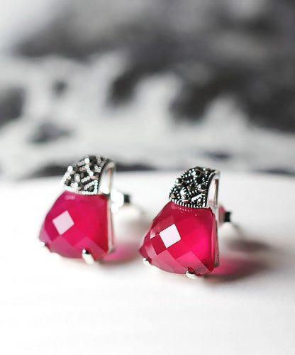 Red Sterling Silver Inlaid Gem Stone Stud Earrings