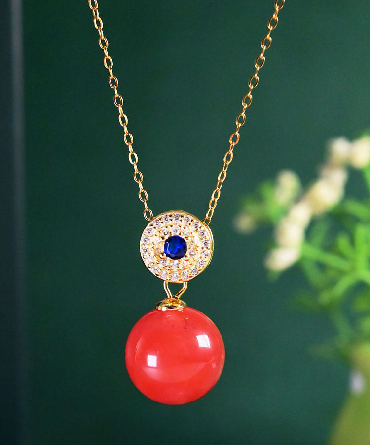 Red Sterling Silver Zircon Ball Agate Pendant Necklace