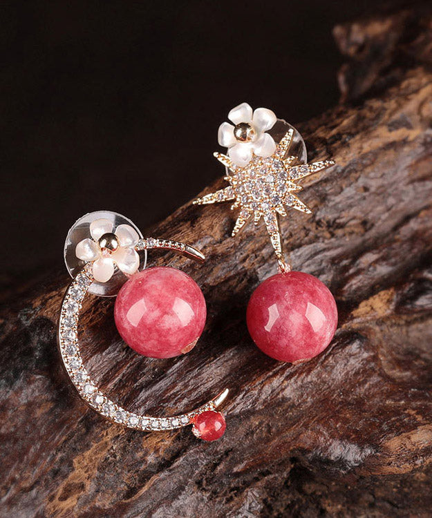 Red Sterling Silver Zircon Shell Flower Asymmetricar Hoop Earrings