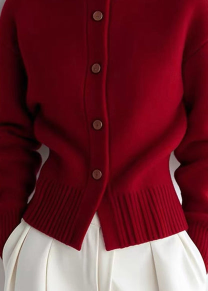Red Turtleneck Patchwork Cotton Knit Cardigans Spring To040