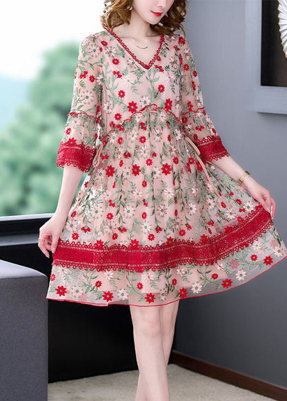 Red V Neck Embroideried Lace Patchwork Tulle Maxi Dresses Summer Fr2024