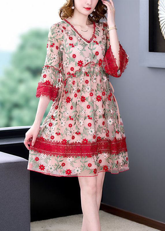 Red V Neck Embroideried Lace Patchwork Tulle Maxi Dresses Summer Fr2024