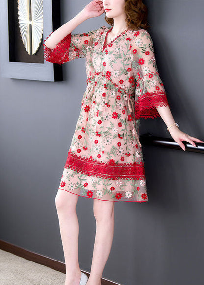 Red V Neck Embroideried Lace Patchwork Tulle Maxi Dresses Summer Fr2024