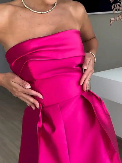 Rose Red Sleeveless Satin Maxi Dress With Backless Design