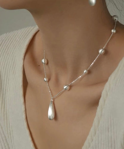 Silk Copper Silver-plated Pearl Water Droplet Pendant Necklace