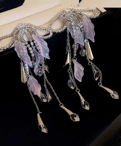 Silk Copper Zircon Acrylic Bow Tassel Drop Earrings