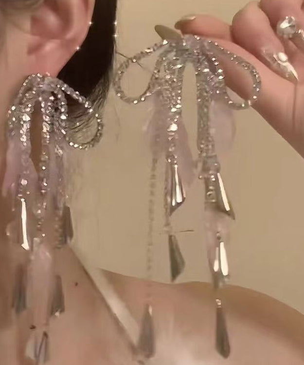 Silk Copper Zircon Acrylic Bow Tassel Drop Earrings