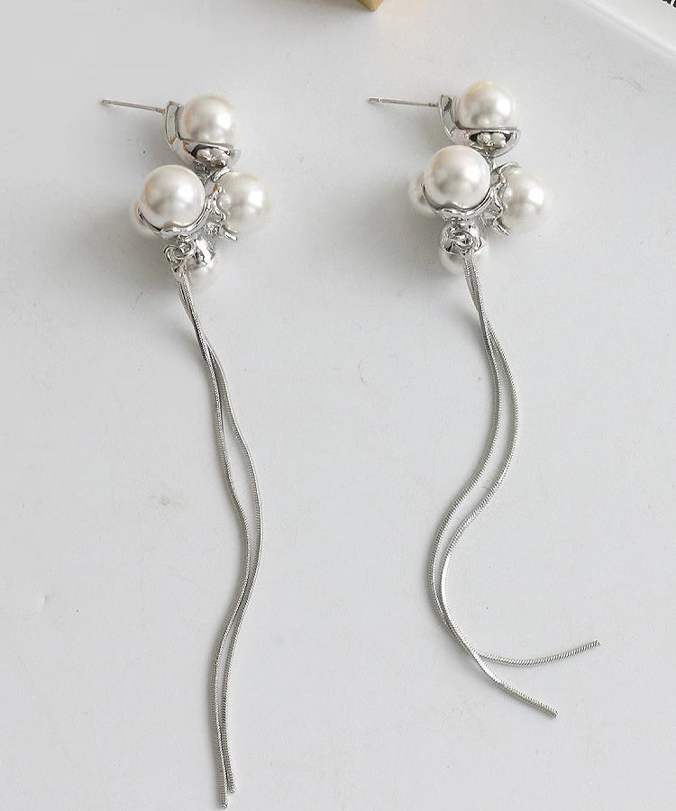 Silk Sterling Silver Alloy Pearl Tassel Drop Earrings