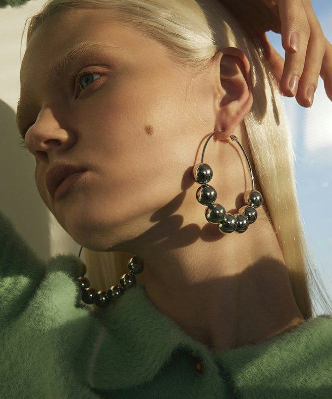 Silvery Round Beads Metal Hoop Earrings