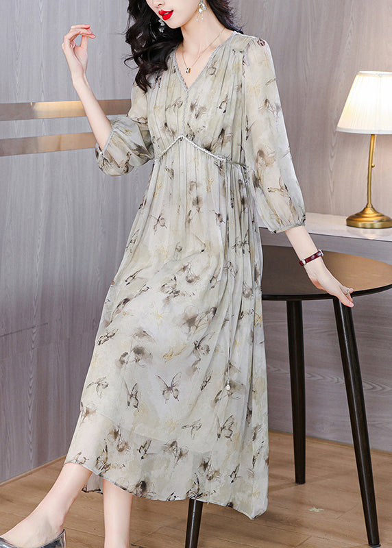V Neck Print Lace Up Chiffon Long Dress Lantern Sleeve Bb001
