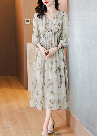 V Neck Print Lace Up Chiffon Long Dress Lantern Sleeve Bb001
