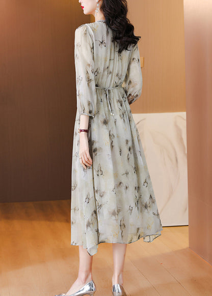V Neck Print Lace Up Chiffon Long Dress Lantern Sleeve Bb001