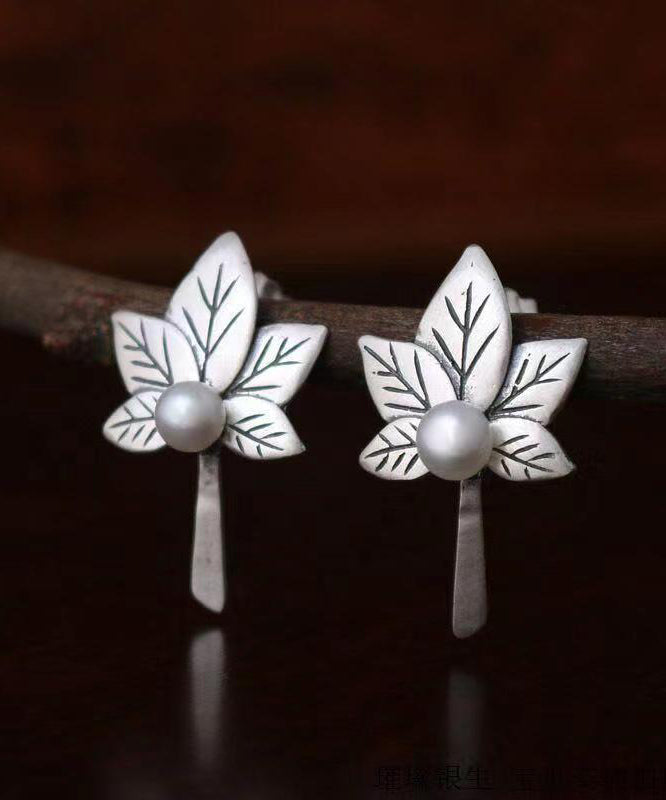 Silver Maple Leaf Nail Bead Stud Earrings