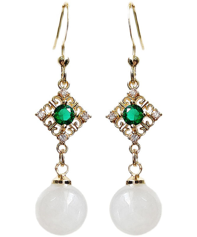 White 14k Gold Inlaid Gem Stone Jade Zircon Drop Earrings