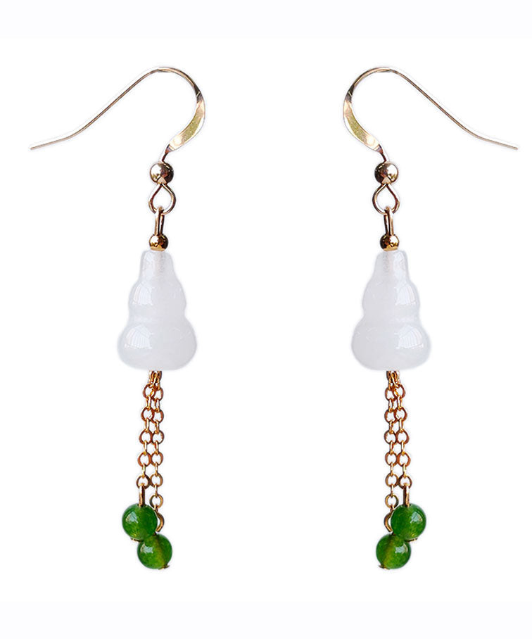 White 14k Gold Jade Gourd Gem Stone Tassel Drop Earrings