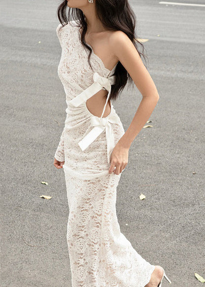 White Asymmetrical Hollow Out Lace Maxi Dress Spring Yt018