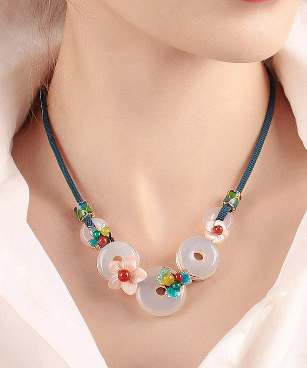 White Cloisonne Shell Flower Agate Pendant Necklace