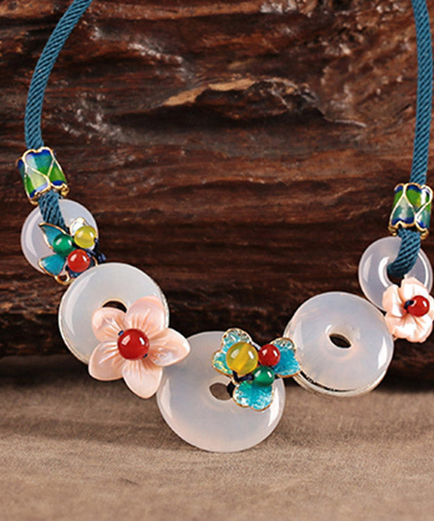 White Cloisonne Shell Flower Agate Pendant Necklace
