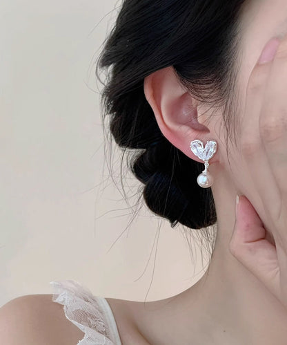 White Copper Overgild Pearl Love Drop Earrings
