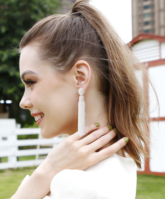 White Hand Knitting Rice Ball Tassel Drop Earrings