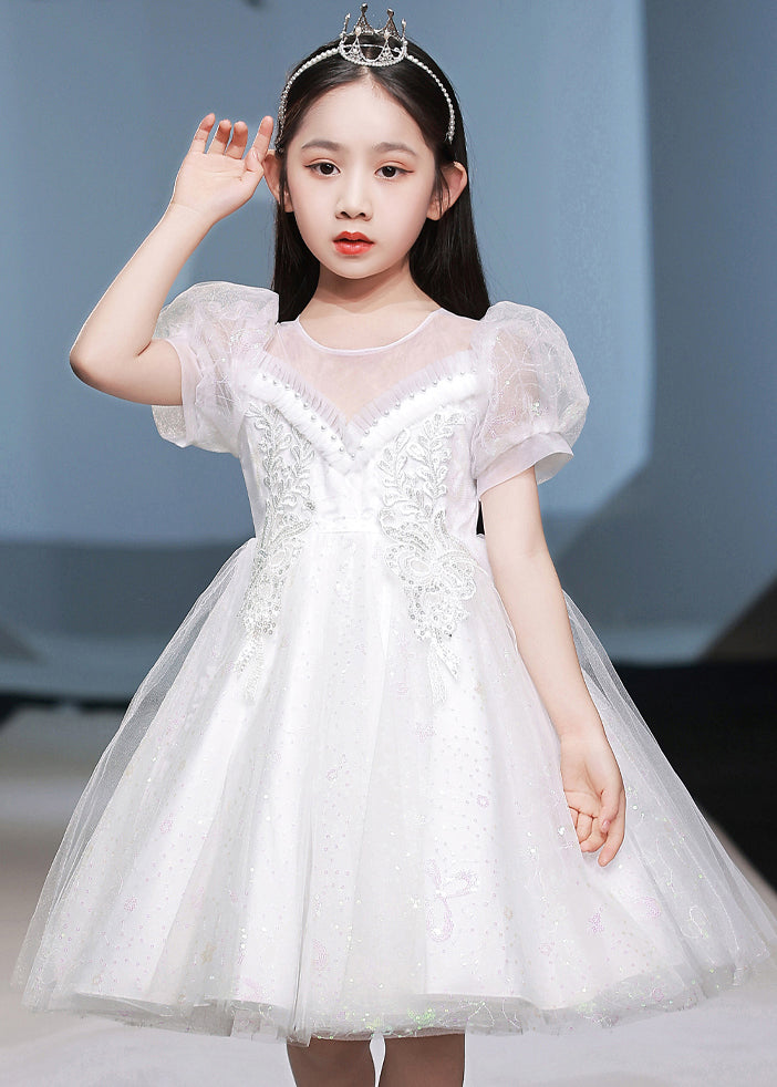 White Nail Bead Patchwork Tulle Vacation Maxi Dresses Short Sleeve Xz042