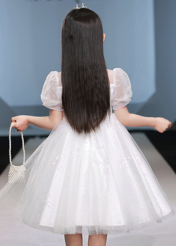 White Nail Bead Patchwork Tulle Vacation Maxi Dresses Short Sleeve Xz042