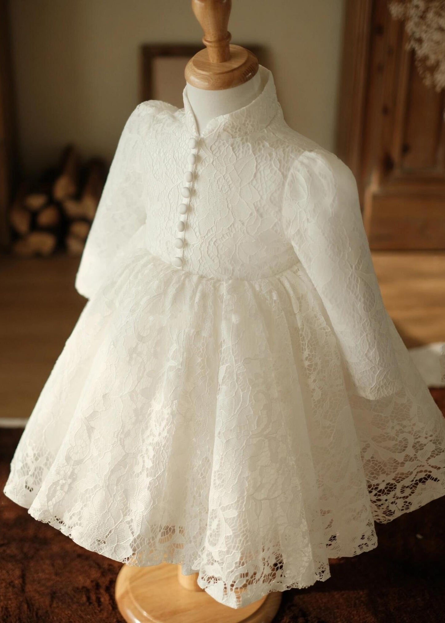 White Stand Collar Button Lace Maxi Dress Spring Ys025