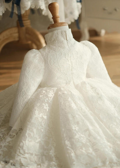 White Stand Collar Button Lace Maxi Dress Spring Ys025