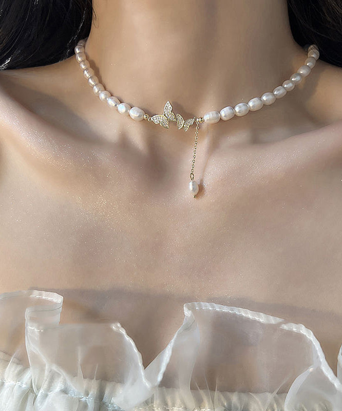 White Sterling Silver Alloy Zircon Butterfly Pearl Lariat Necklace Wf023