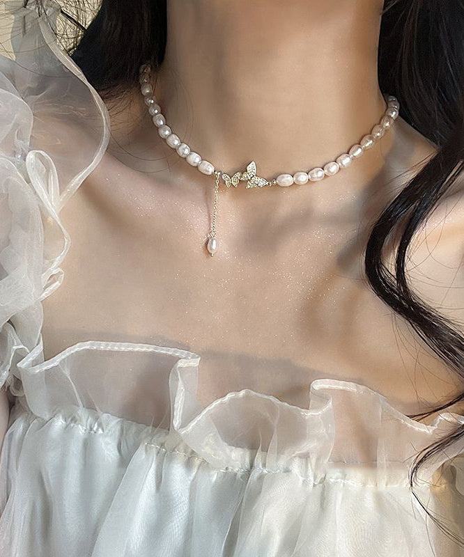 White Sterling Silver Alloy Zircon Butterfly Pearl Lariat Necklace Wf023