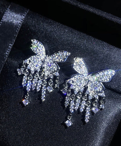 White Sterling Silver Alloy Zircon Butterfly Tassel Drop Earrings