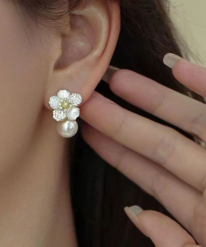 White Sterling Silver Overgild Zircon Pearl Stud Earrings
