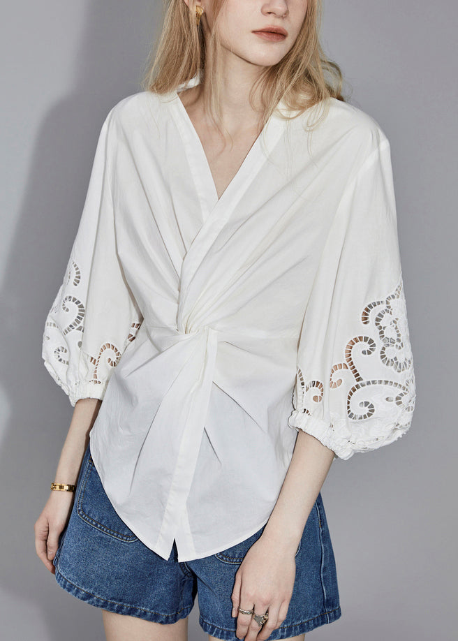 White V Neck Hollow Out Cotton Blouses Bracelet Sleeve Ab1058