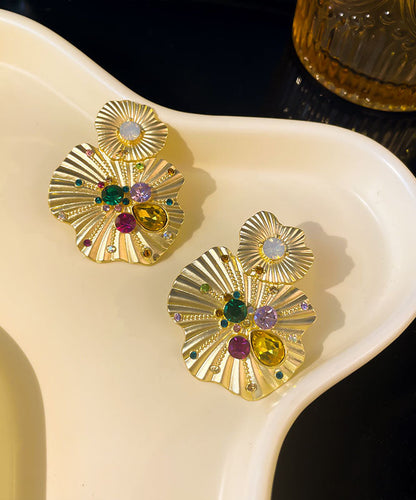 Yellow Alloy Inlaid Pearl Gem Stone Stud Earrings